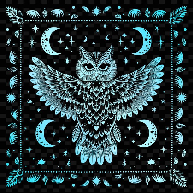 PSD mystical owl folk art with feather pattern and moon details illustration decor motifs collection