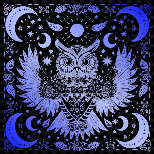 PSD mystical owl folk art with feather pattern and moon details illustration decor motifs collection