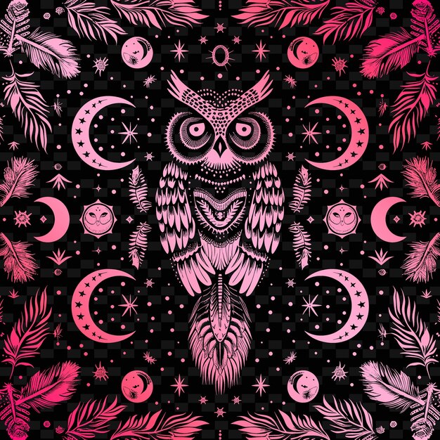 PSD mystical owl folk art with feather pattern and moon details illustration decor motifs collection