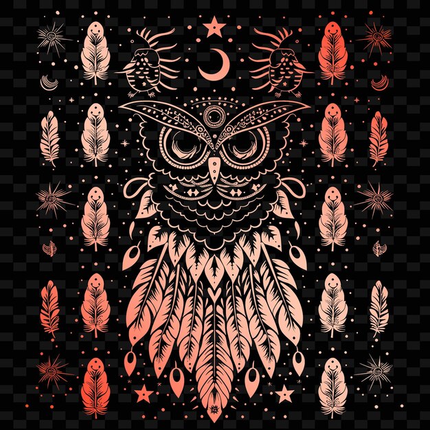 Mystical owl folk art with feather pattern and moon details illustration decor motifs collection