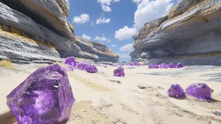 PSD mystical purple crystals in a desert canyon a breathtaking vista of natures hidden gems