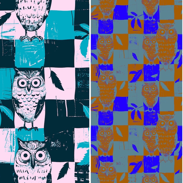PSD mystical winter owls with feather silhouettes and monochrome illustration vector pattern designs