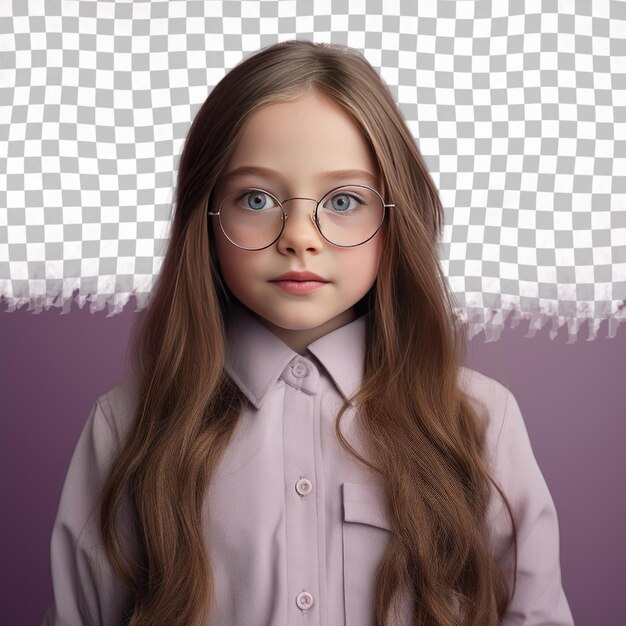 PSD mystified nordic child long haired orthodontist in training in pastel mauve pose