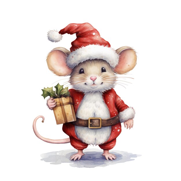 PSD mysz w kostiumie świętego mikołaja na świąteczne wydarzenie akwarelowy styl ai generowany