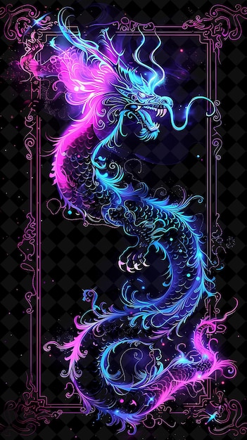 Mythical beast arcane frame with majestic mythical creatures neon color frame y2k art collection