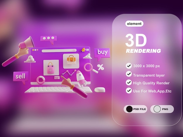 Myynti- ja osto-kuvitus moderni 3D-konsepti renderöinti premium-data-analyysi psd