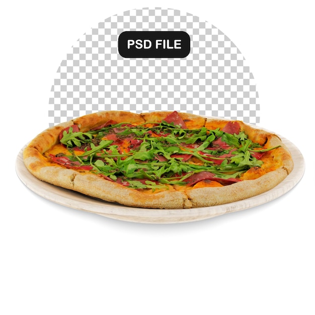 Na Białym Tle Pizza 3d Realistyczny Render. Pyszna Pizza Na Drewnianym Talerzu Na Białym Tle