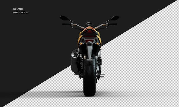 Na białym tle realistyczny metalowy żółty motocykl sportowy z tyłu