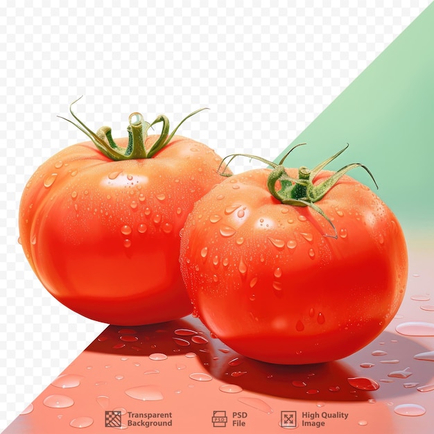 PSD na stole leżą dwa pomidory, z których jeden to kropelki wody.