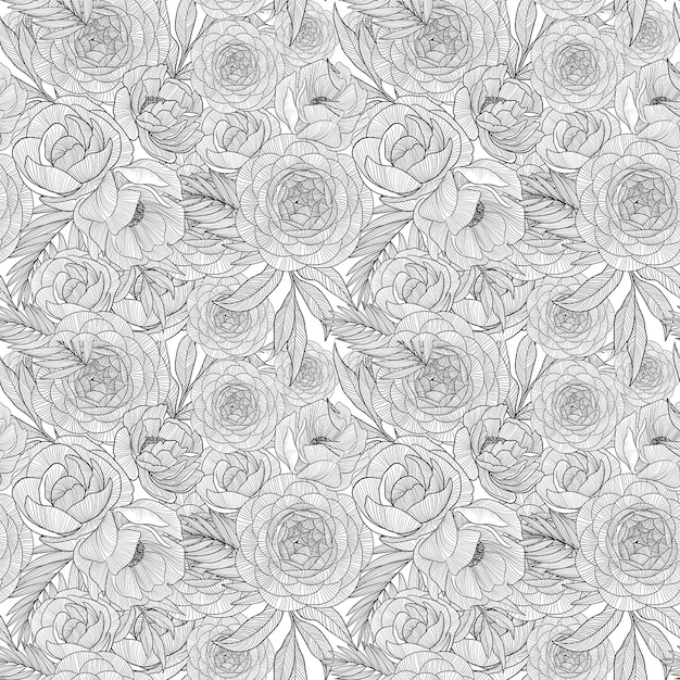 Naadloos patroon van rozenboeketten en tropische bladeren in line art stijl digitale schilderij