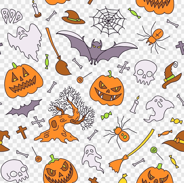 Naadloze patroon achtergrond illustratie halloween party elementen Set van pictogrammen in cartoon