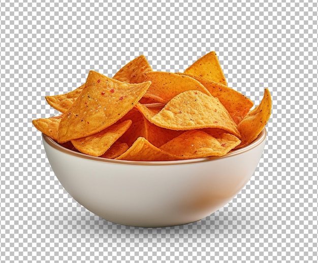 Chip di nachos in ciotola su sfondo bianco isolato