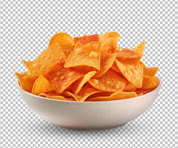 Chip di nachos in ciotola su sfondo bianco isolato