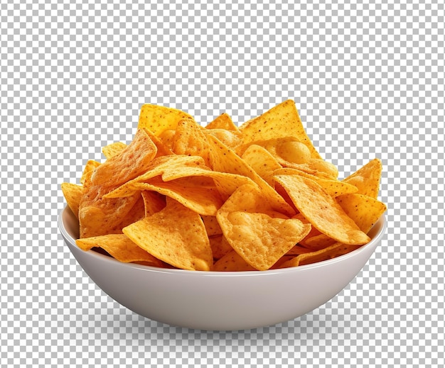 Nachos chips in een schaal met een geïsoleerde witte achtergrond