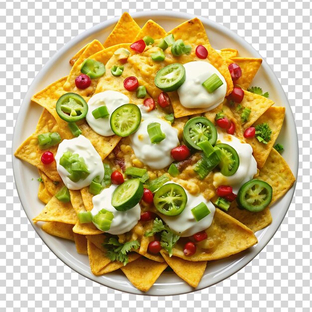 Nachos caricati con formaggio fuso isolato su uno sfondo trasparente