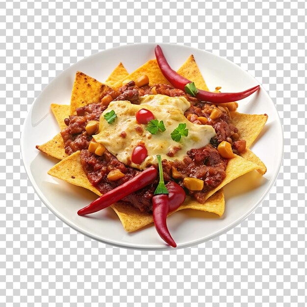 PSD nachos met chili en kaas op een witte plaat op een doorzichtige achtergrond