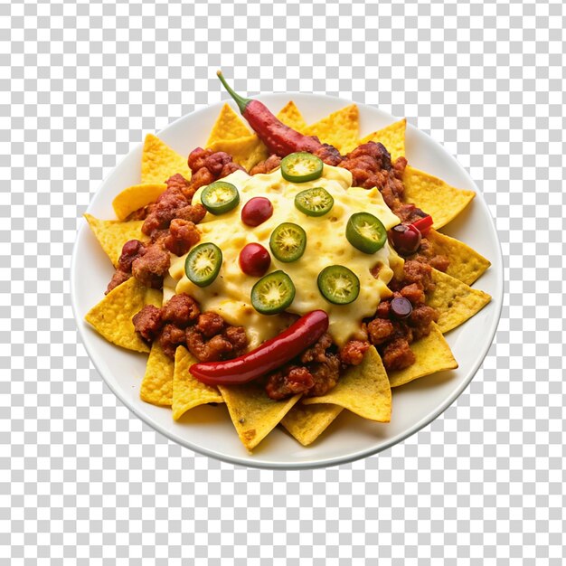 PSD nachos con peperoncino e formaggio su piatto bianco isolato su uno sfondo trasparente