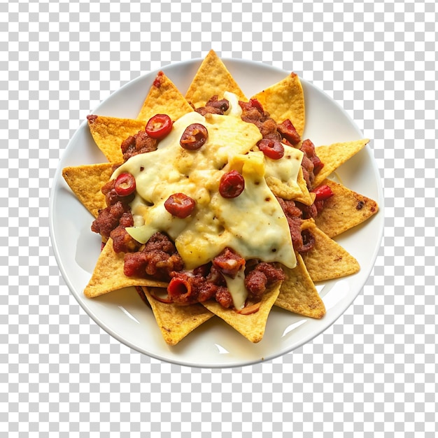 PSD nachos z chili i serem na białej płytce izolowanej na przezroczystym tle