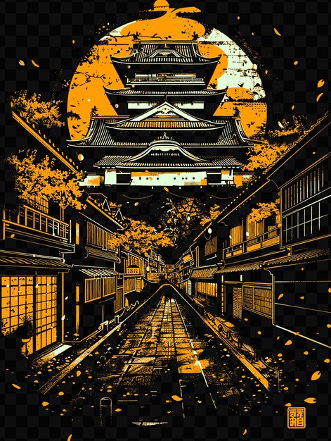 PSD nagoyas castle with historical street scene samurai artifact psd vector tshirt tattoo ink scape art