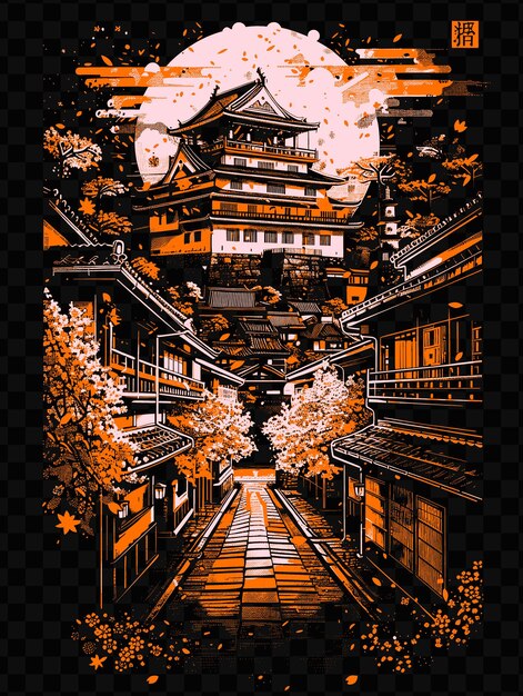 PSD nagoyas castle with historical street scene samurai artifact psd vector tshirt tattoo ink scape art