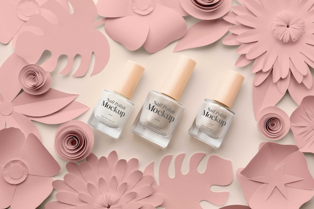 PSD nail polish bottle design mock-up with paper flowers