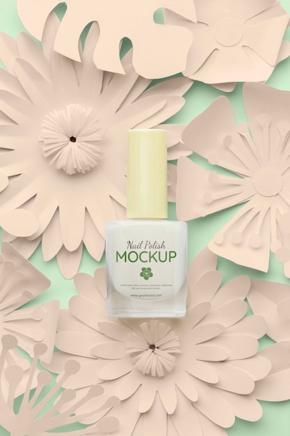 Nail polish bottle design mock-up with paper flowers