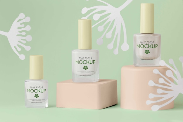 PSD nail polish bottle design mock-up with paper flowers