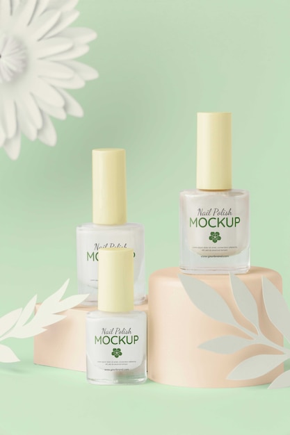 PSD nail polish bottle design mock-up with paper flowers