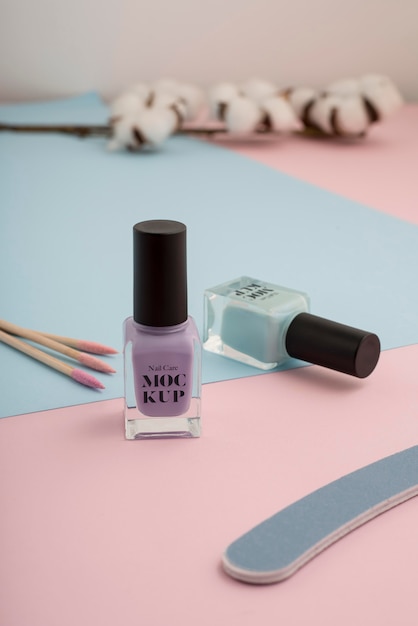 PSD nail polish bottle mock-up with manicure essentials