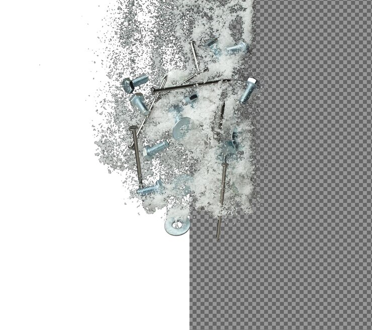 PSD nail spike nut bold sharp object under snow on road dangerous sharpen nail glass object hidden in snow snow fall with risk accident hazard cover trash garbage debris black background isolated