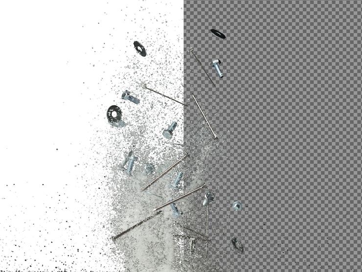 PSD nail spike nut bold sharp object under snow on road dangerous sharpen nail glass object hidden in snow snow fall with risk accident hazard cover trash garbage debris black background isolated