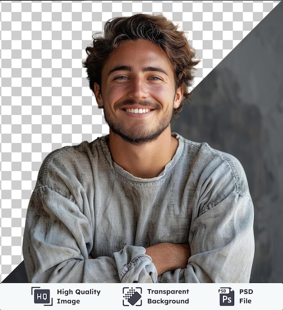 PSD najlepsze zdjęcie z studia z szczęśliwym, młodym, przystojnym mężczyzną uśmiechającym się z skrzyżowanymi ramionami.