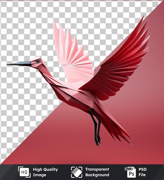PSD najwyższej klasy, realistyczne, fotograficzne origami, papierowy dźwig z czerwonymi i białymi skrzydłami, czarnymi nogami i czarnym dziobem, latający na czerwonym niebie.