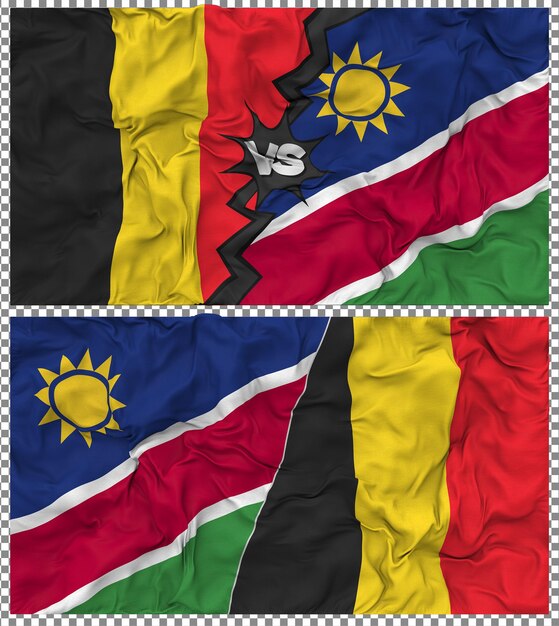 Namibia versus België Half gecombineerde vlag Stof Bump Texture 3D Rendering