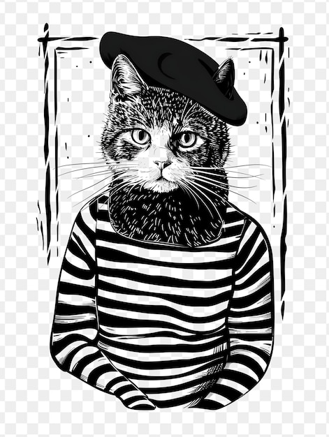 PSD napoleon cat with sitting pose and wearing a french mime cos frame decor collage ink art design psd
