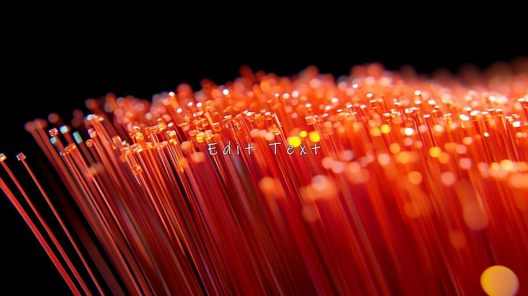 PSD närbild av upplysta orangefärgade fiberoptiska trådar