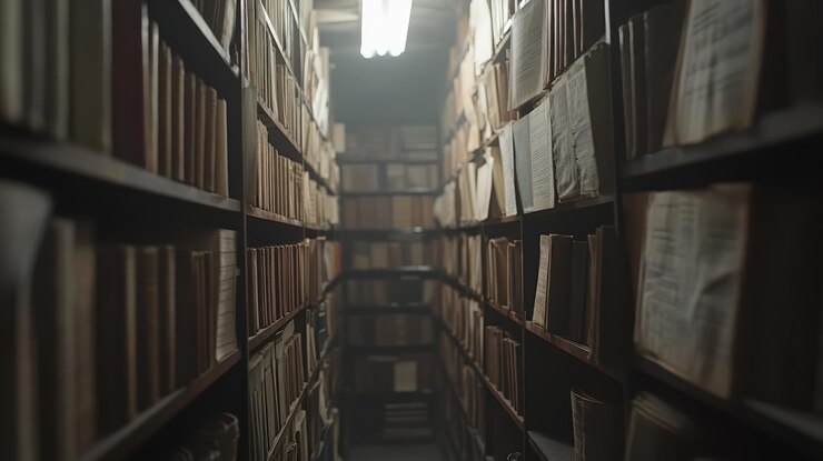PSD a narrow passage of bookshelves in an old library