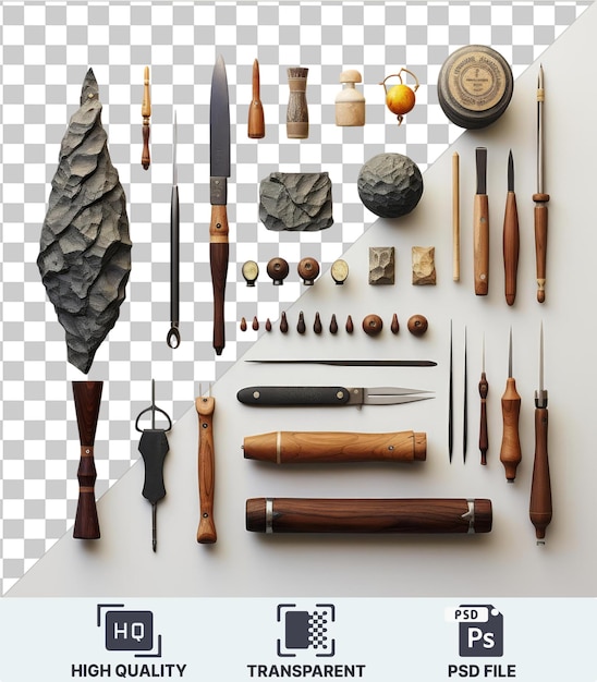 PSD narzędzia rzeźbiarskie sztuk pięknych zestaw kolekcja noży, w tym brązowy i drewniany nóż długi nóż i czarny nóż są wyświetlane na przezroczystym tle obok okrągłego