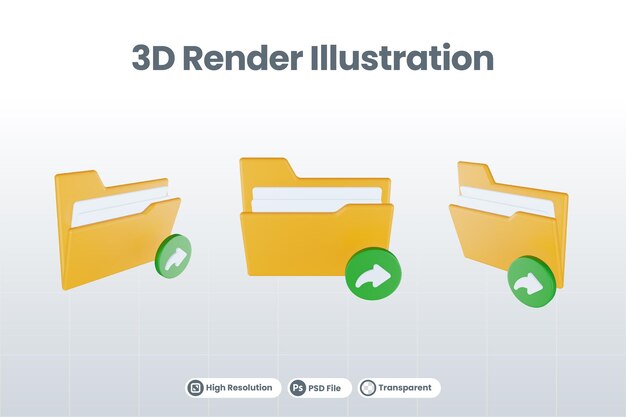 Następna ikona folderu renderowania 3D z pomarańczowym folderem plików i zielonym następnym