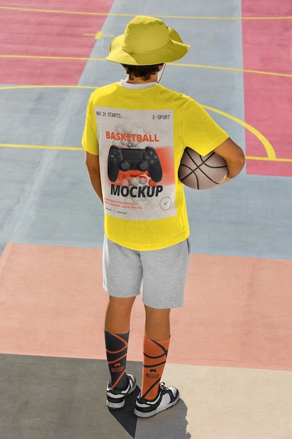 PSD nastoletni chłopiec z koszykówką na zewnątrz na boisku