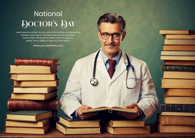 Nationaal Doktersdag concept vintage geïnspireerde dokter omringd door medische boeken