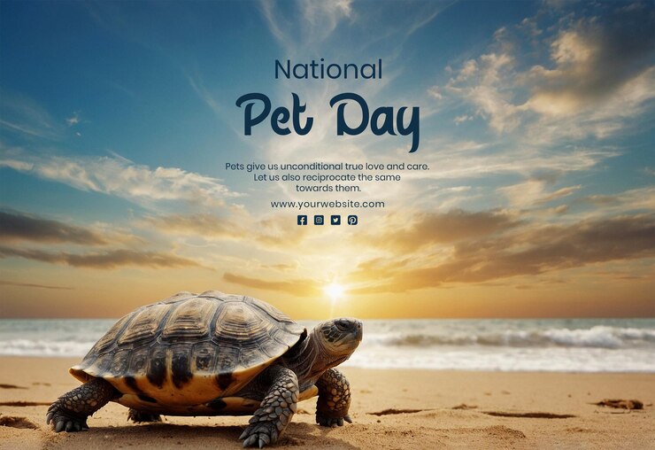 Nationaal huisdierdag concept mystiek strandlandschap met een wijze oude schildpad die zich in de warme zon koestert