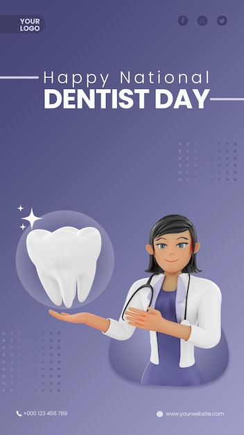 PSD national dentist day with female 3d character instagram story template