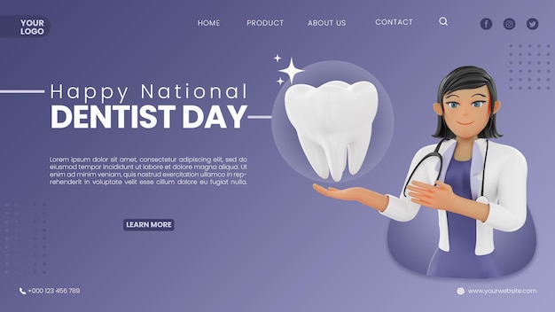 National dentist day with female 3d character landing page template