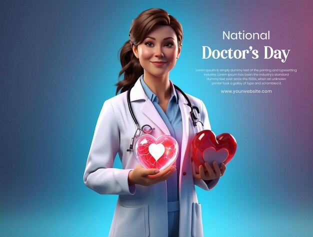 PSD national doctors day concept 3d female doctor holding a glowing medical heart