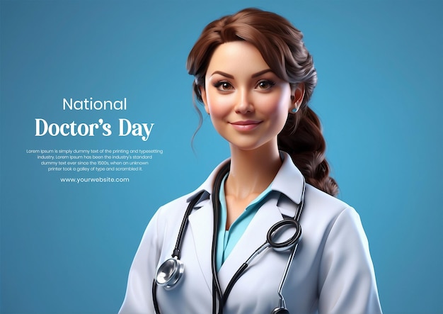 PSD national doctors day concept 3d female doctor with a stethoscope on light blue background