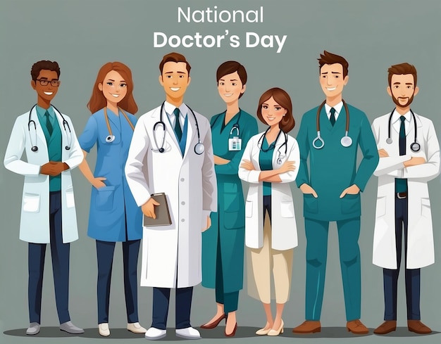 PSD national doctors day concept dedicated doctors in white coats illustration