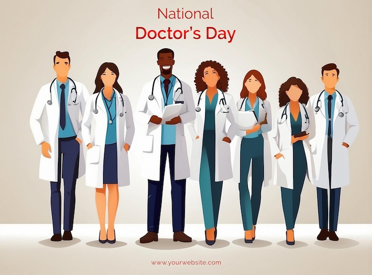 PSD national doctors day concept dedicated doctors in white coats illustration
