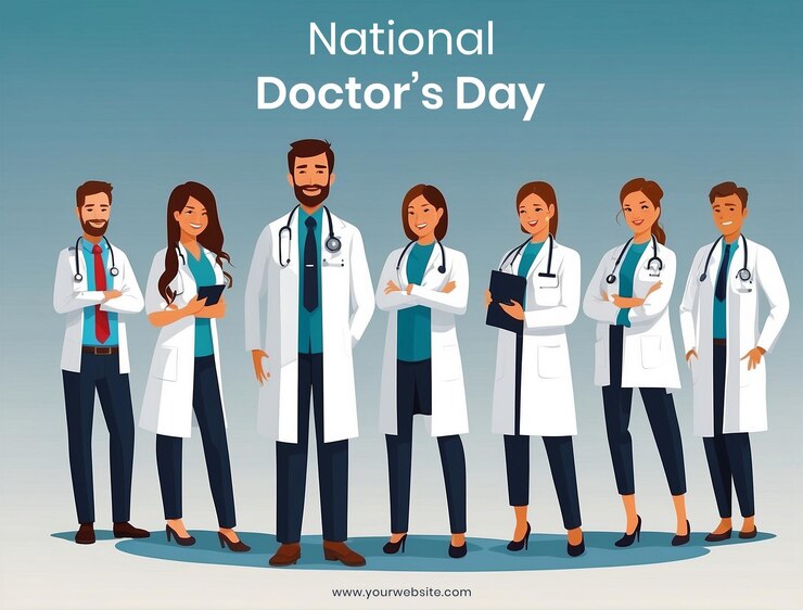 PSD national doctors day concept dedicated doctors in white coats illustration