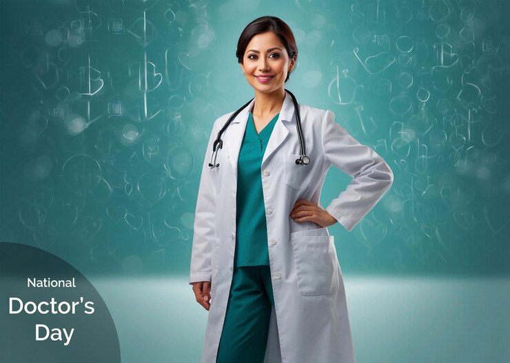 PSD national doctors day concept female doctor on blurry light aqua color background